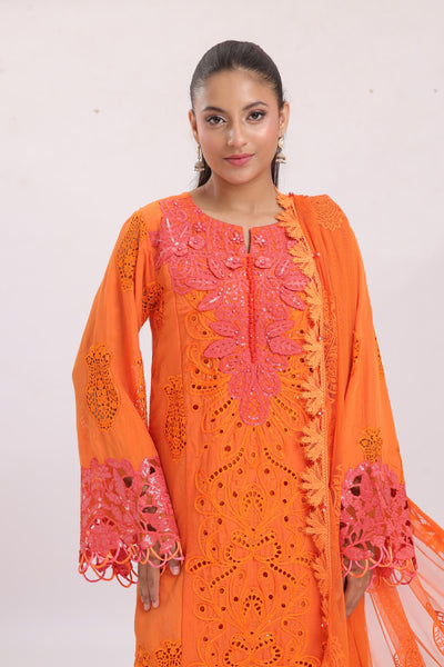 Embroidered Paper Cotton Orange Stitched Suit - Maria B Luxury Lawn