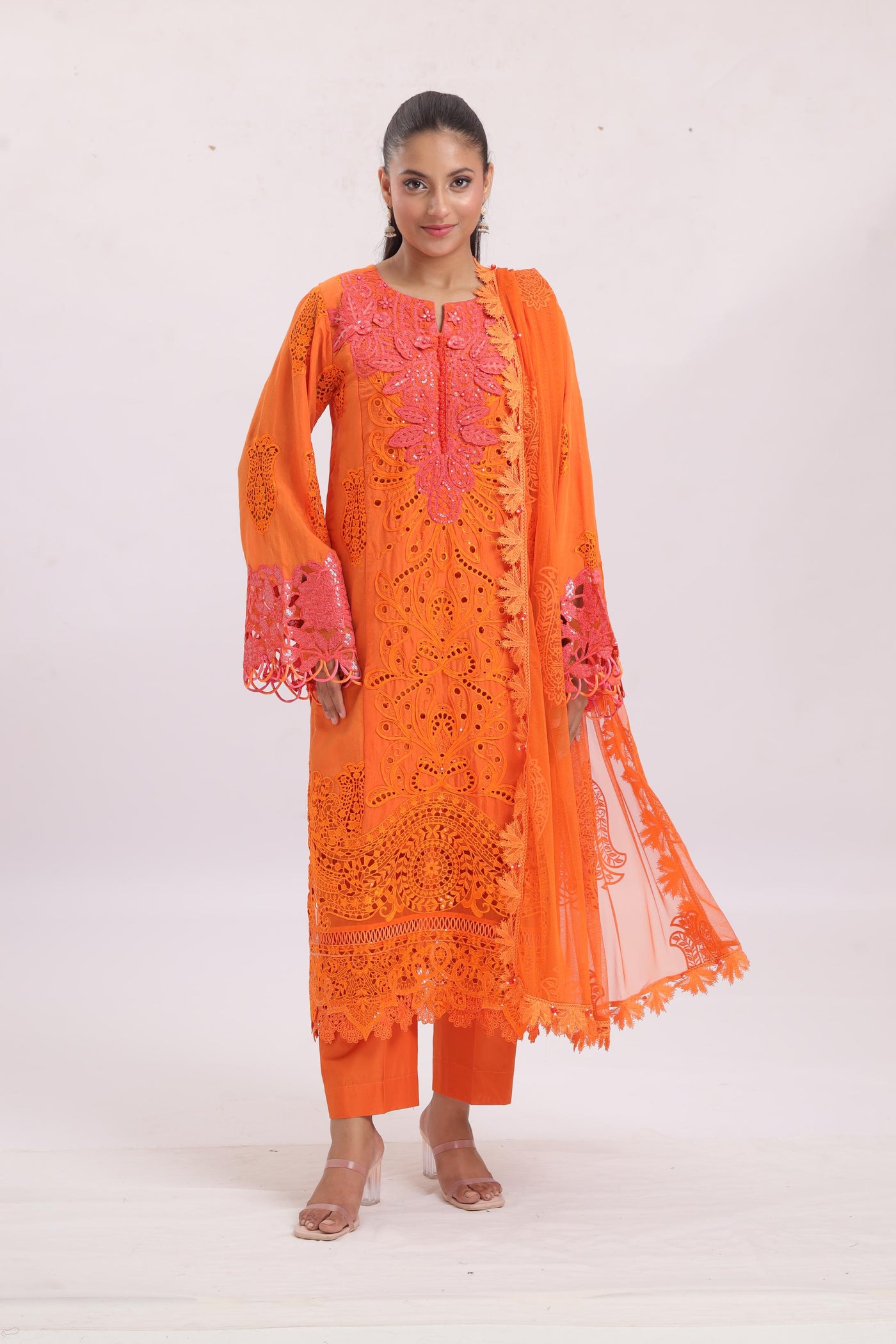Embroidered Paper Cotton Orange Stitched Suit - Maria B Luxury Lawn