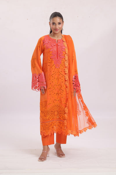 Embroidered Paper Cotton Orange Stitched Suit - Maria B Luxury Lawn