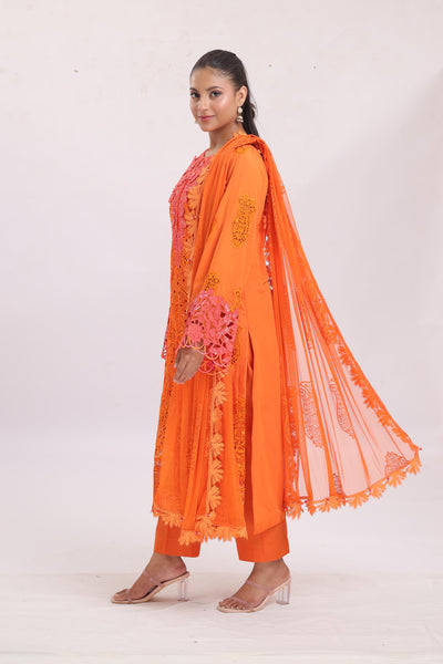 Embroidered Paper Cotton Orange Stitched Suit - Maria B Luxury Lawn