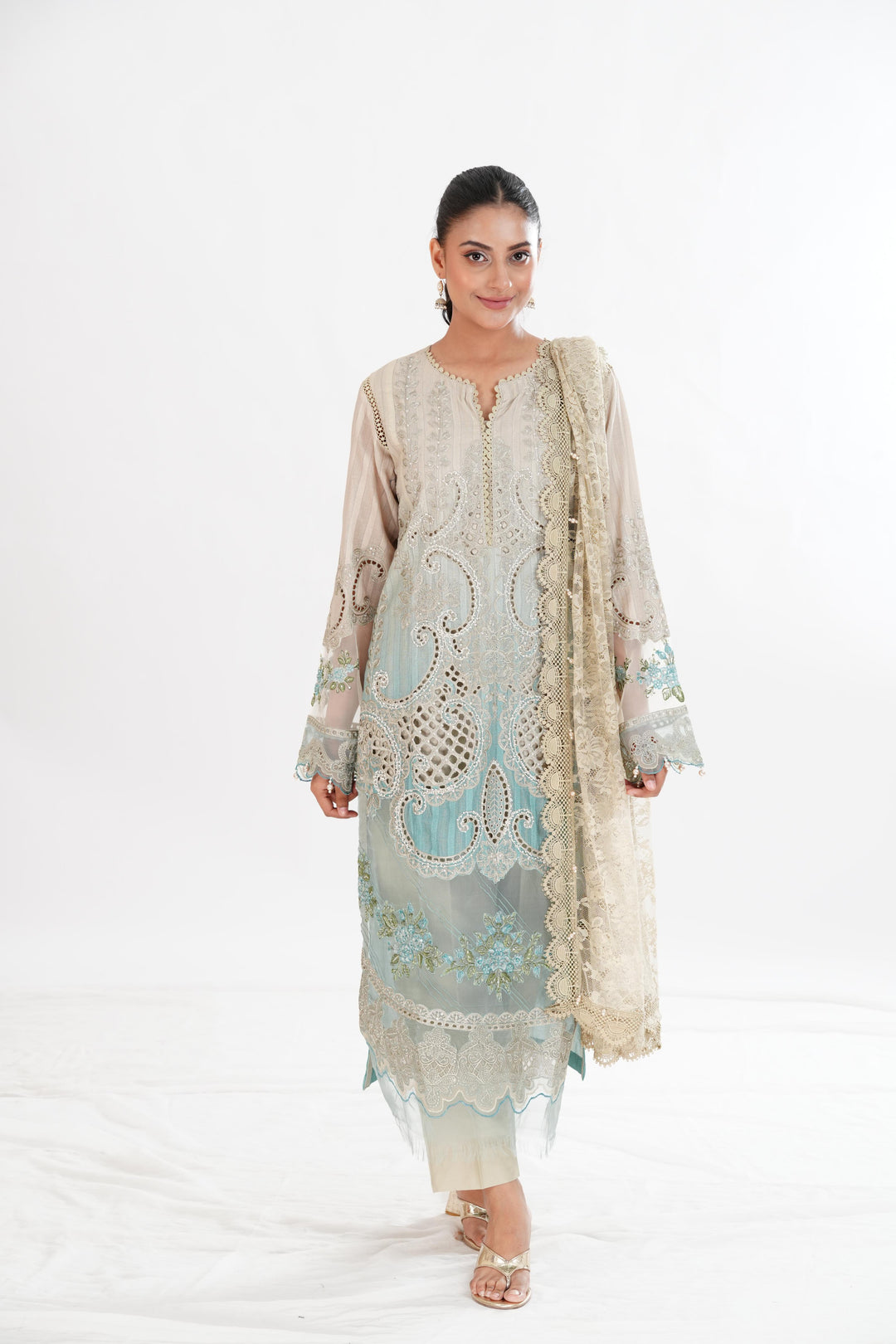 Embroidered Dobby Beige Stitched Suit - Maria B Luxury Lawn