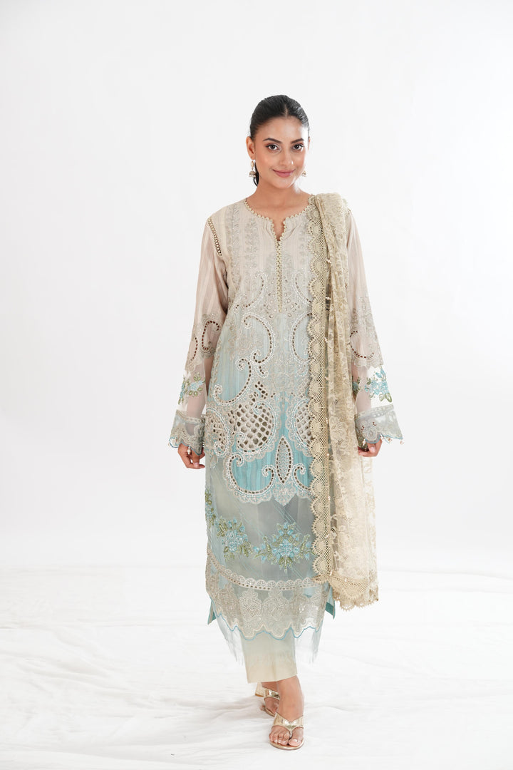 Embroidered Dobby Beige Stitched Suit - Maria B Luxury Lawn