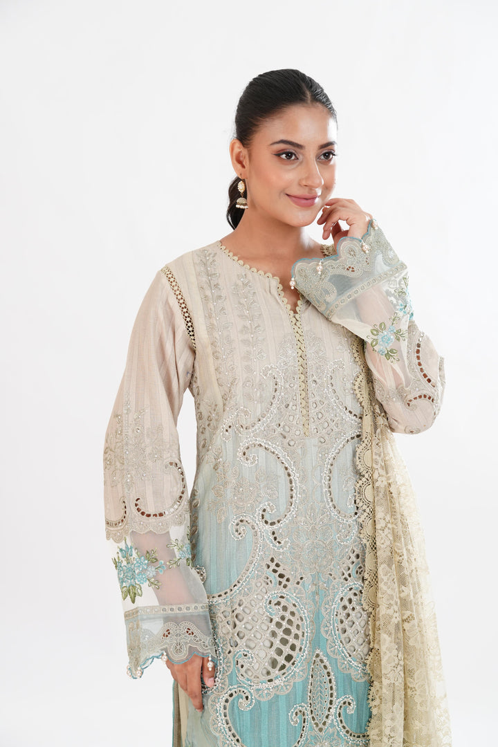 Embroidered Dobby Beige Stitched Suit - Maria B Luxury Lawn