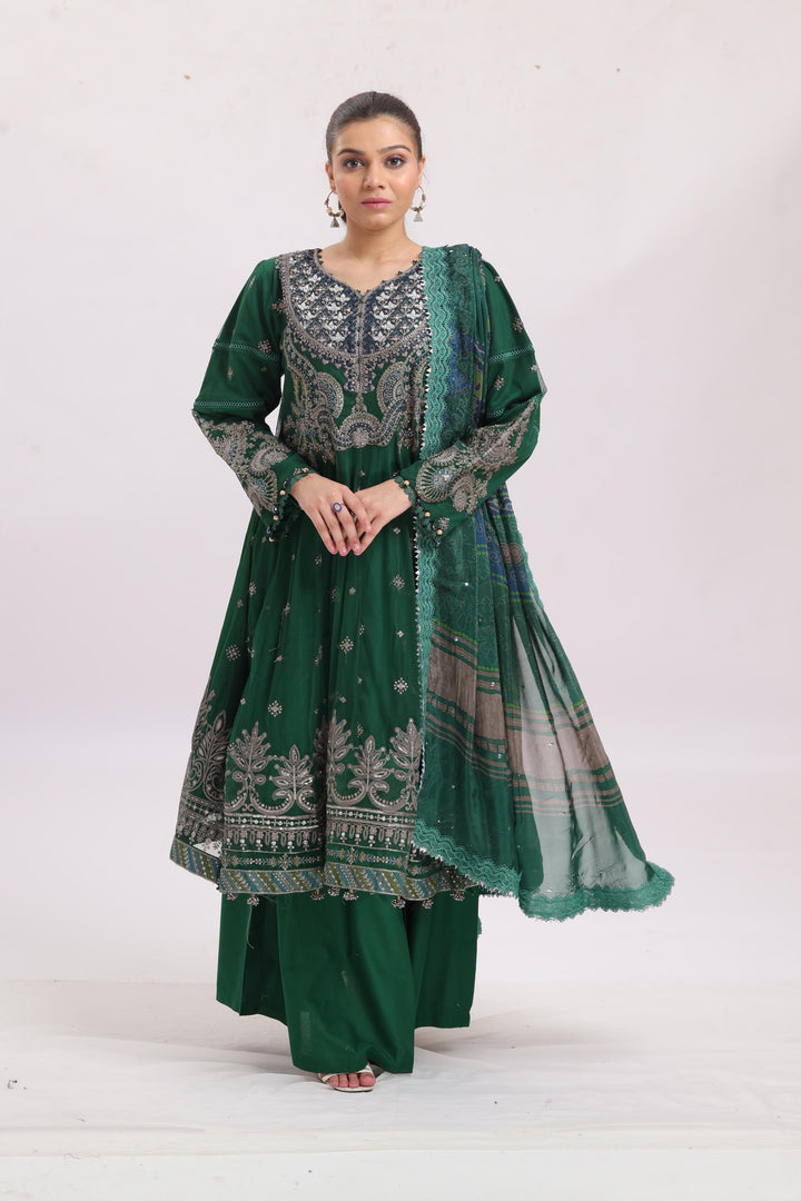 Embroidered Net Green Stitched Suit - Maria B Luxury Lawn