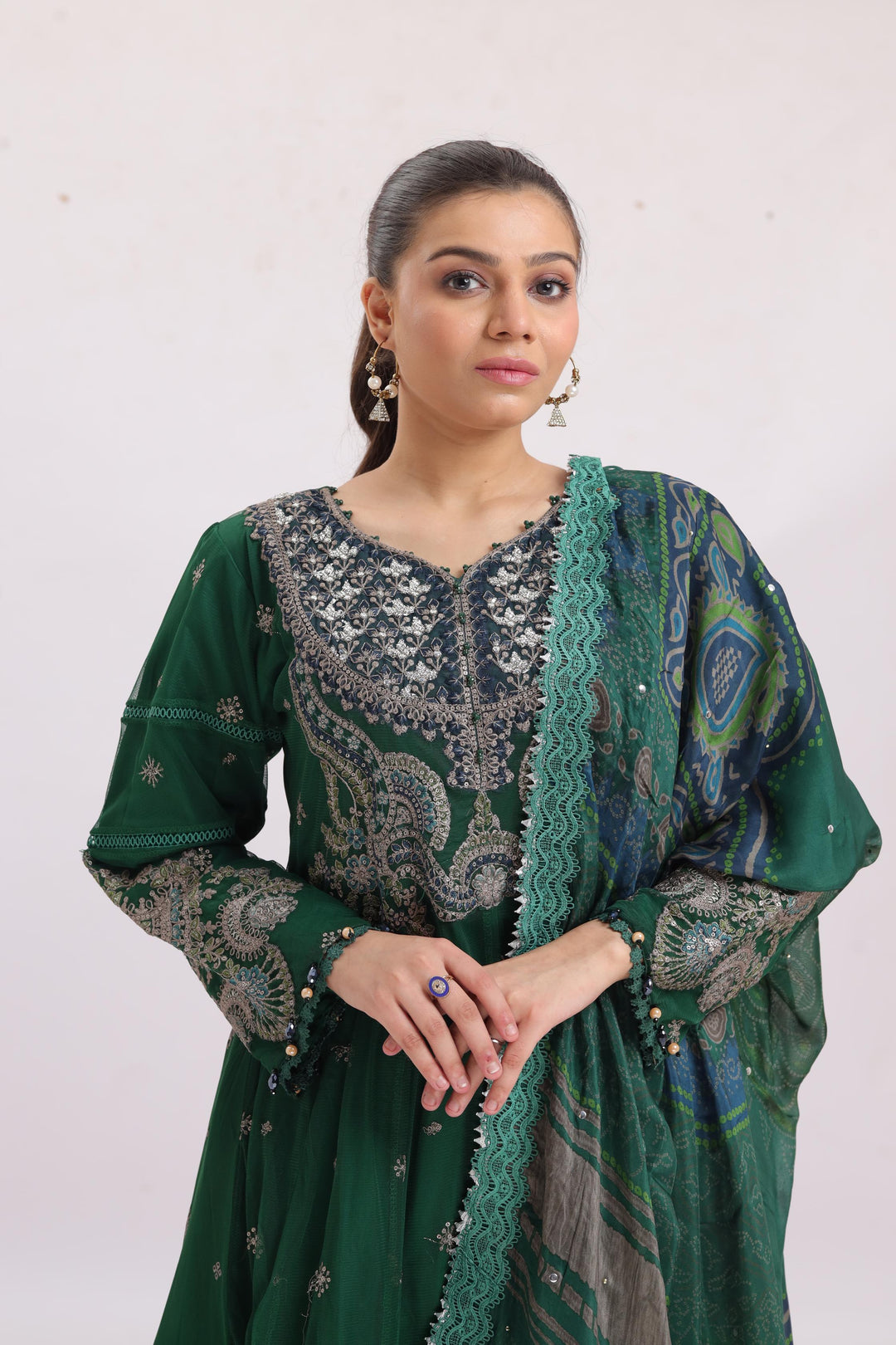 Embroidered Net Green Stitched Suit - Maria B Luxury Lawn
