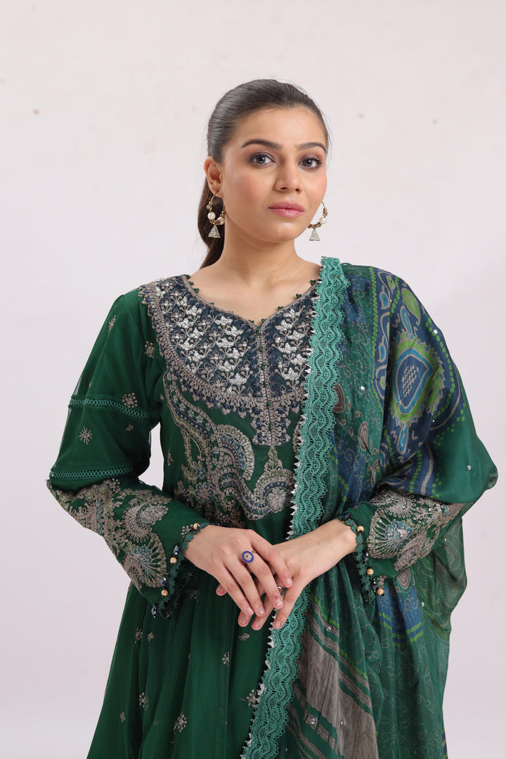 Embroidered Net Green Stitched Suit - Maria B Luxury Lawn