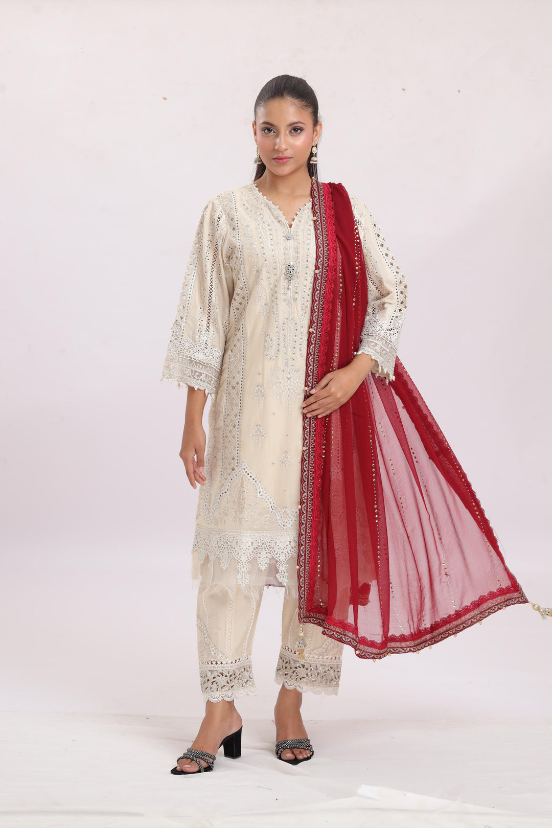 Embroidered Lawn Beige Stitched Suit - Maria B Luxury Lawn