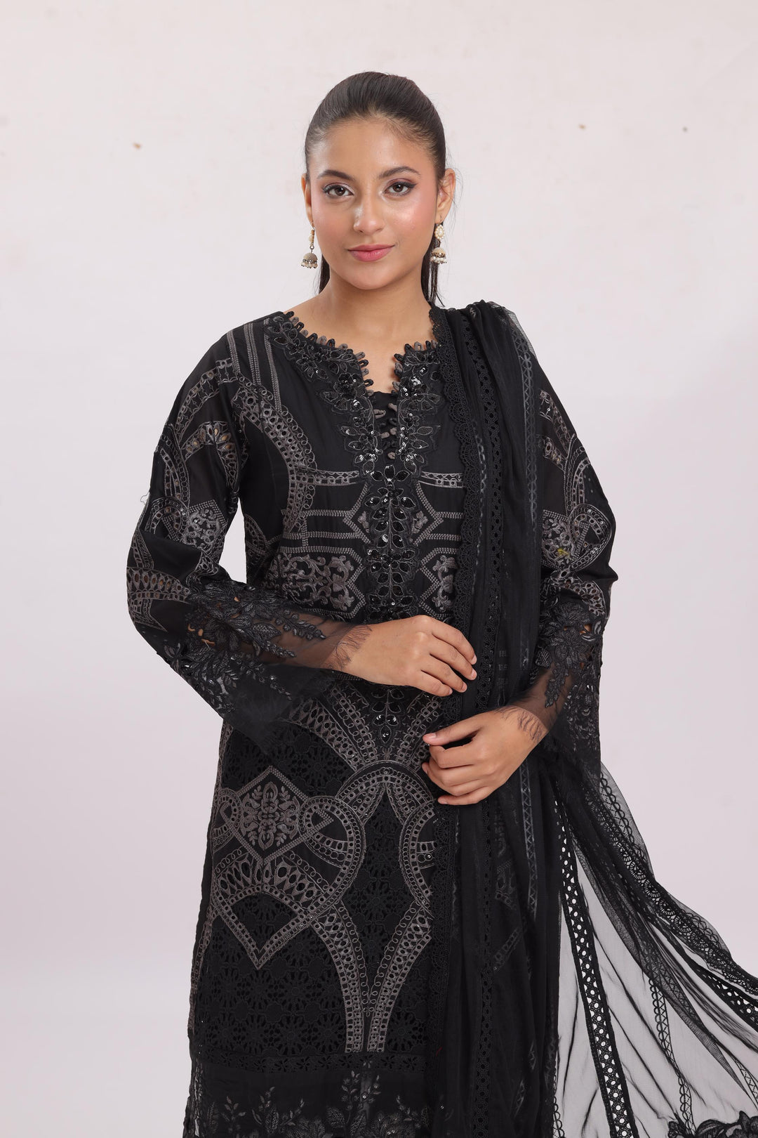 Embroidered Lawn Black Stitched Suit - Maria B Luxury Lawn