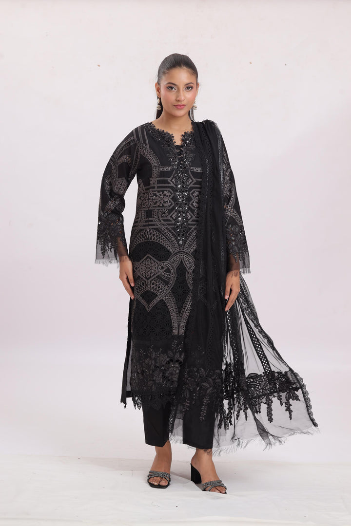Embroidered Lawn Black Stitched Suit - Maria B Luxury Lawn