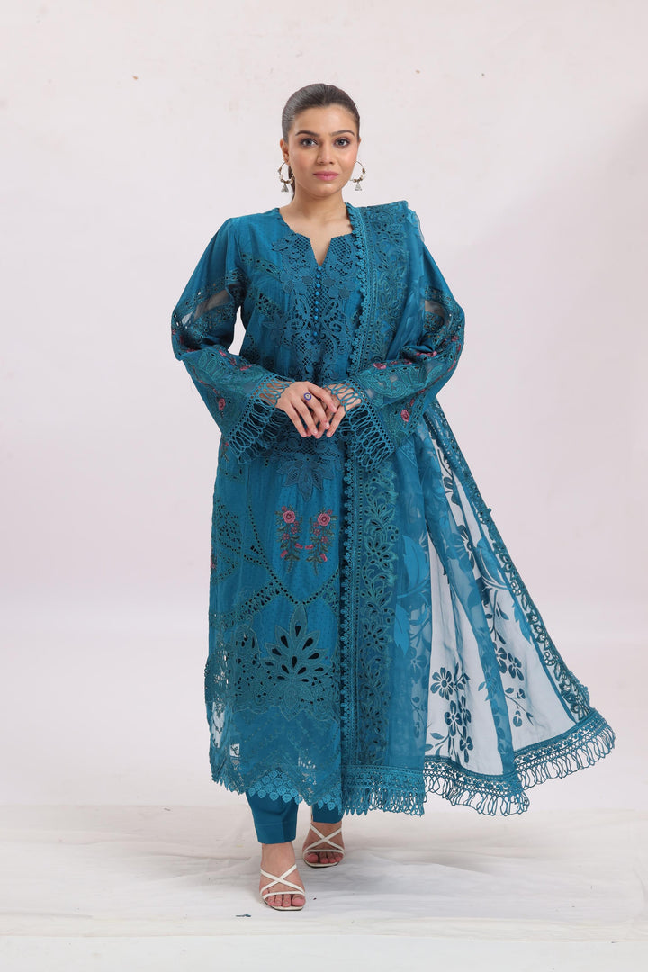 Embroidered Dobby Lawn Peacock Blue Stitched Suit - Maria B Luxury Lawn
