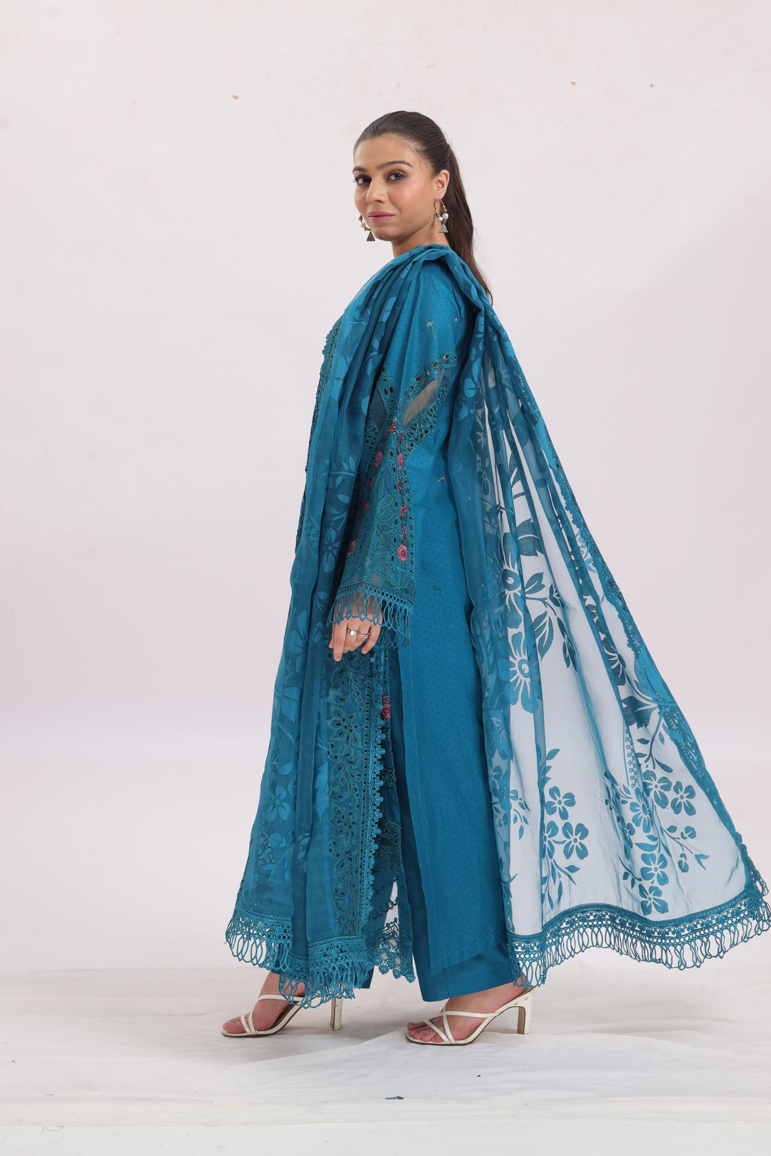 Embroidered Dobby Lawn Peacock Blue Stitched Suit - Maria B Luxury Lawn