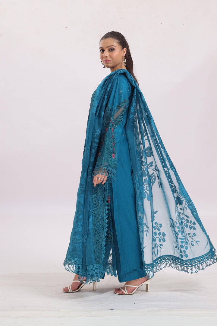 Embroidered Dobby Lawn Peacock Blue Stitched Suit - Maria B Luxury Lawn