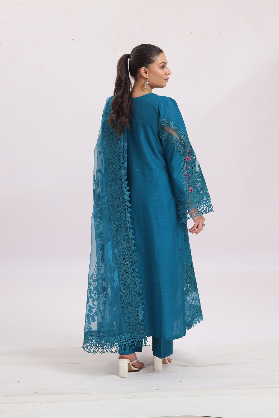 Embroidered Dobby Lawn Peacock Blue Stitched Suit - Maria B Luxury Lawn