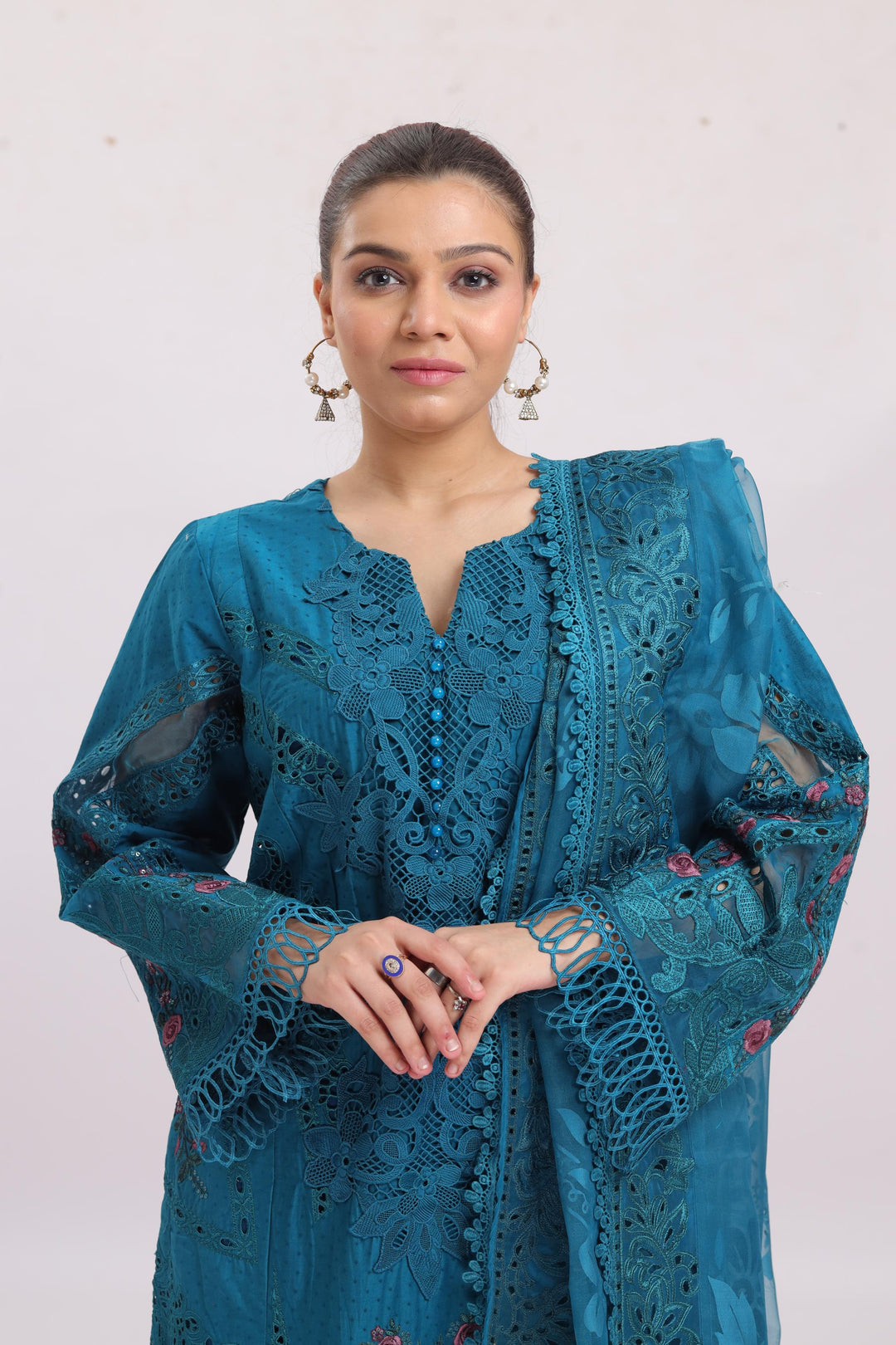 Embroidered Dobby Lawn Peacock Blue Stitched Suit - Maria B Luxury Lawn
