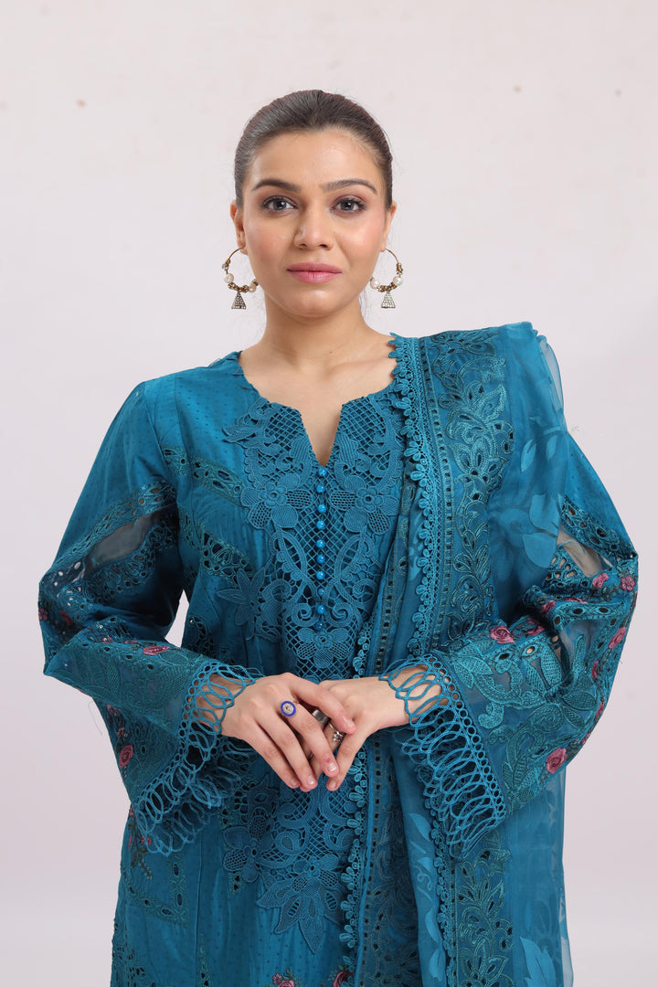 Embroidered Dobby Lawn Peacock Blue Stitched Suit - Maria B Luxury Lawn