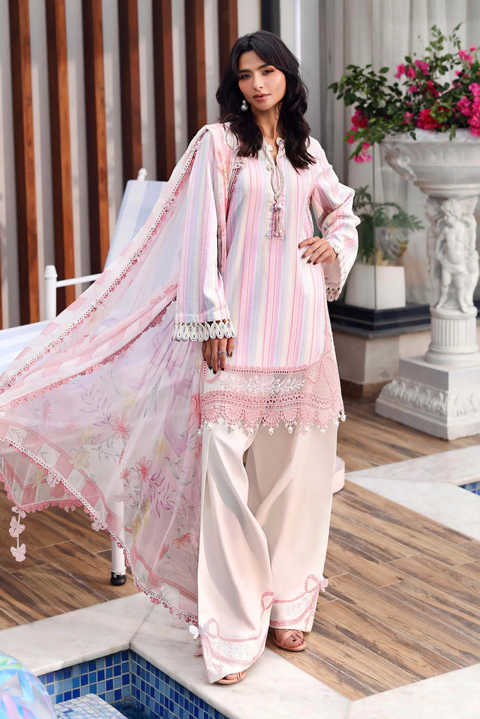 Embroidered Lawn White & Pink Stitched Suit - Maria B M Print '26