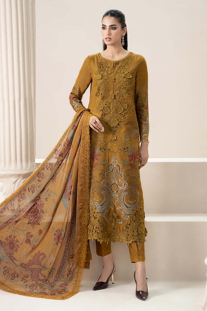 Embroidered Lawn Mustard Stitched Suit - Maria B