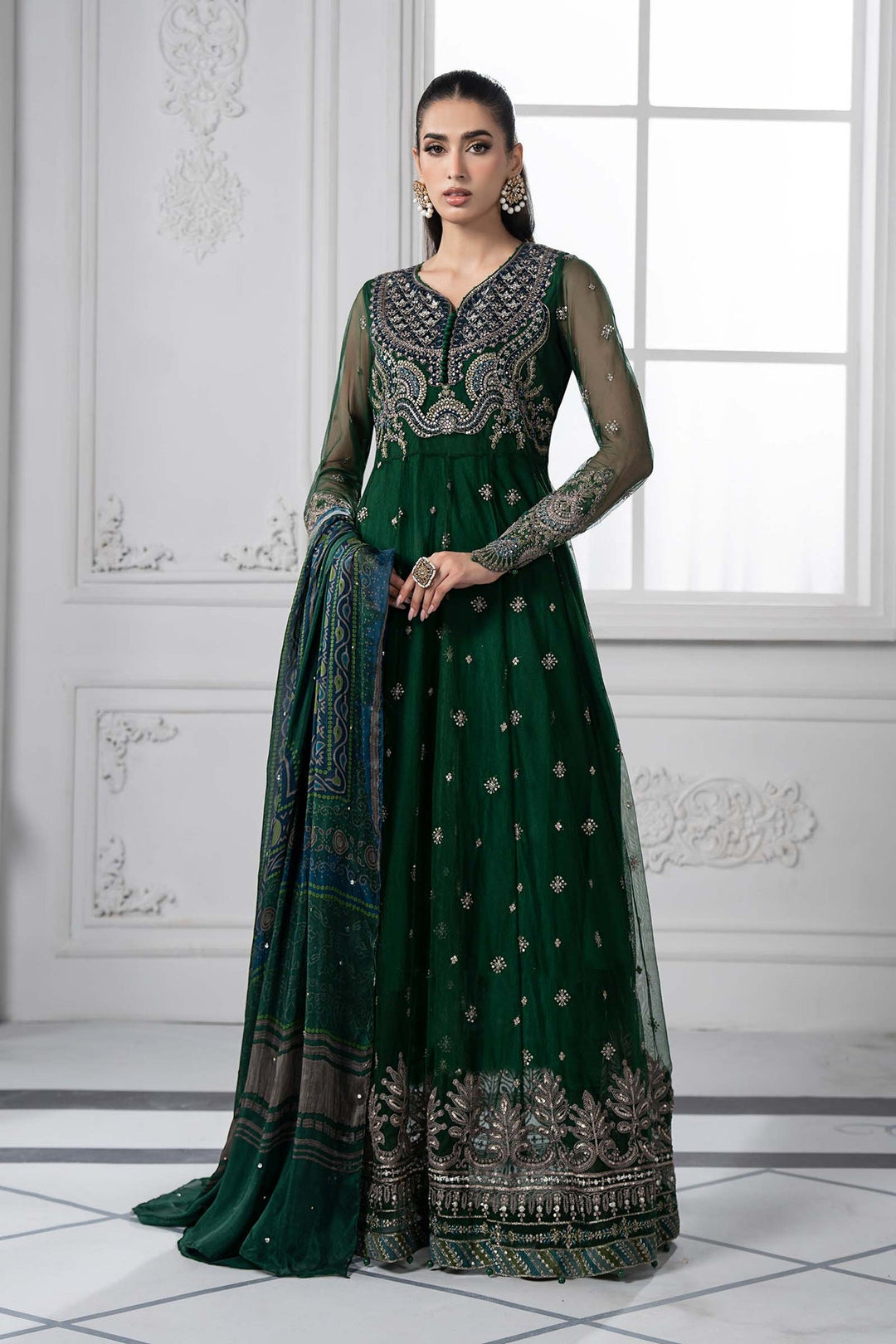 Embroidered Net Green Stitched Suit - Maria B Luxury Lawn