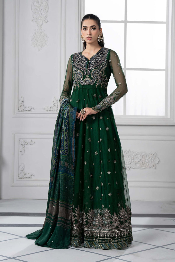Embroidered Net Green Stitched Suit - Maria B Luxury Lawn
