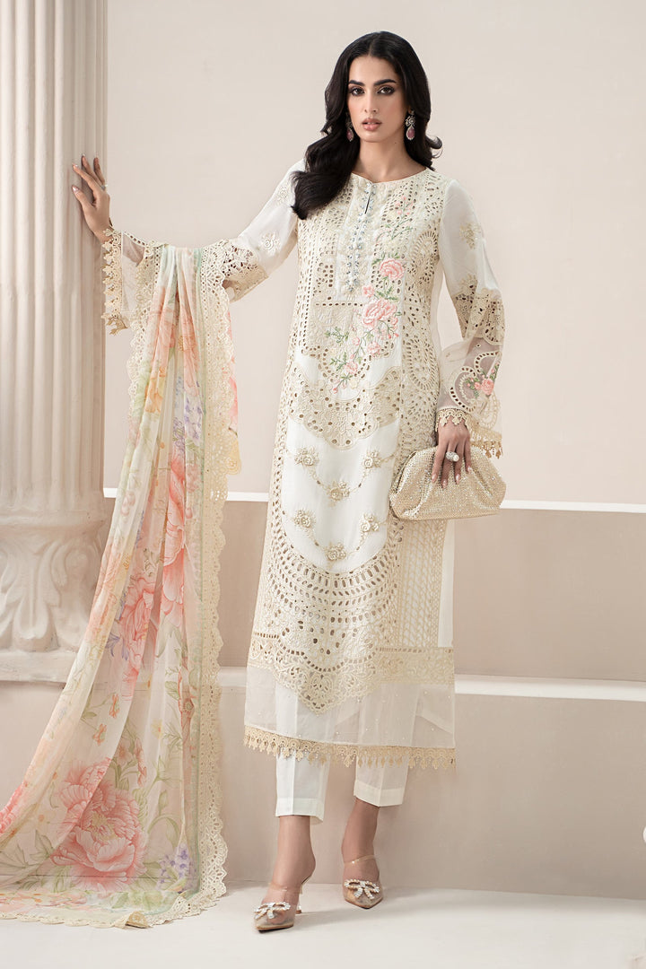 Embroidered Lawn Off White Stitched Suit - Maria B