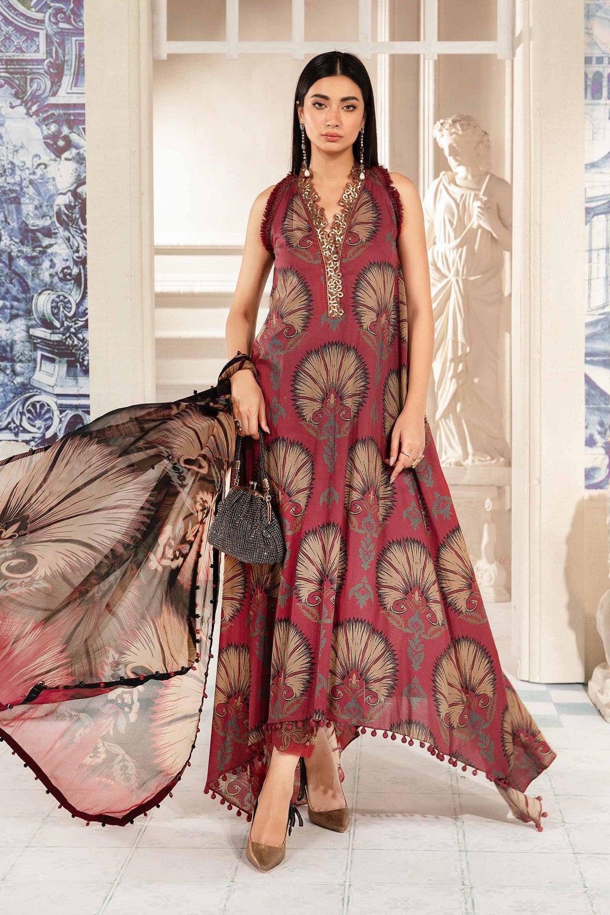 Lawn Maroon Stitched Suit - Maria B