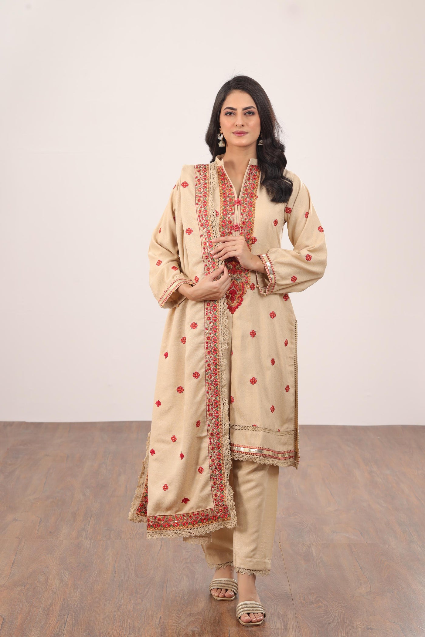 Embroidered Dobby Jacquard Beige 3 Piece Suit - Gul Ahmed