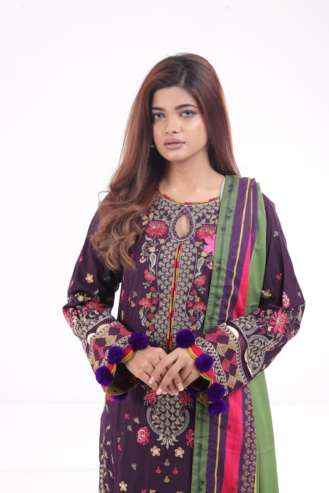 Embroidered Fine Slub Purple 3 Piece Suit - Jazmin Iris