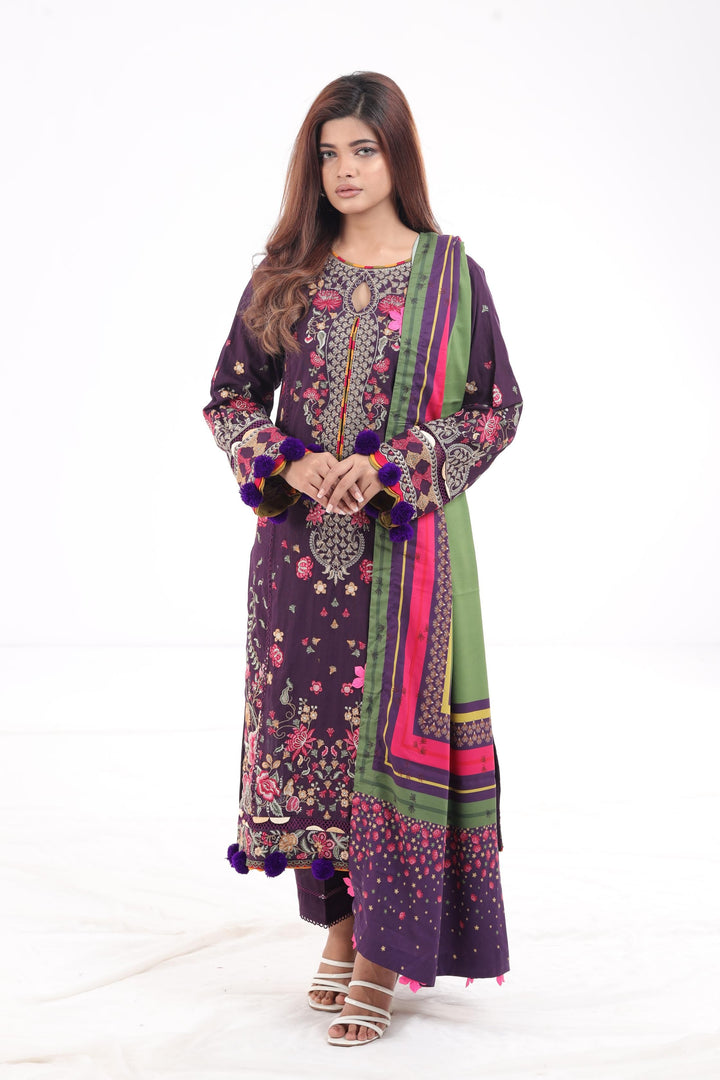 Embroidered Fine Slub Purple 3 Piece Suit - Jazmin Iris
