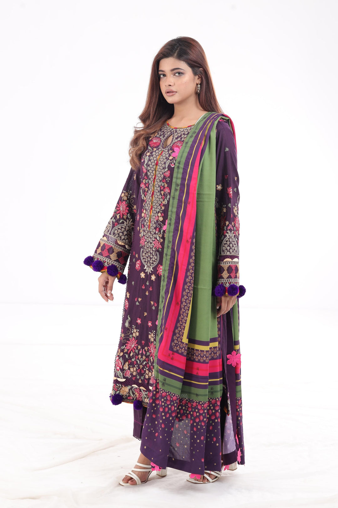 Embroidered Fine Slub Purple 3 Piece Suit - Jazmin Iris