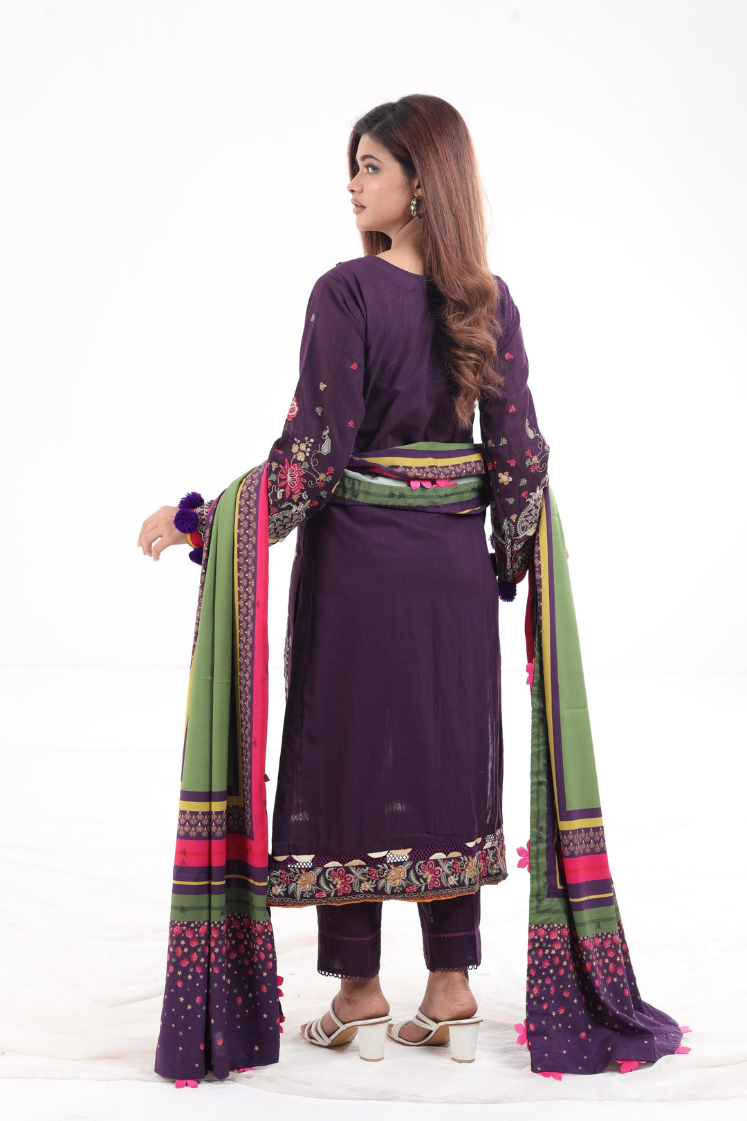 Embroidered Fine Slub Purple 3 Piece Suit - Jazmin Iris