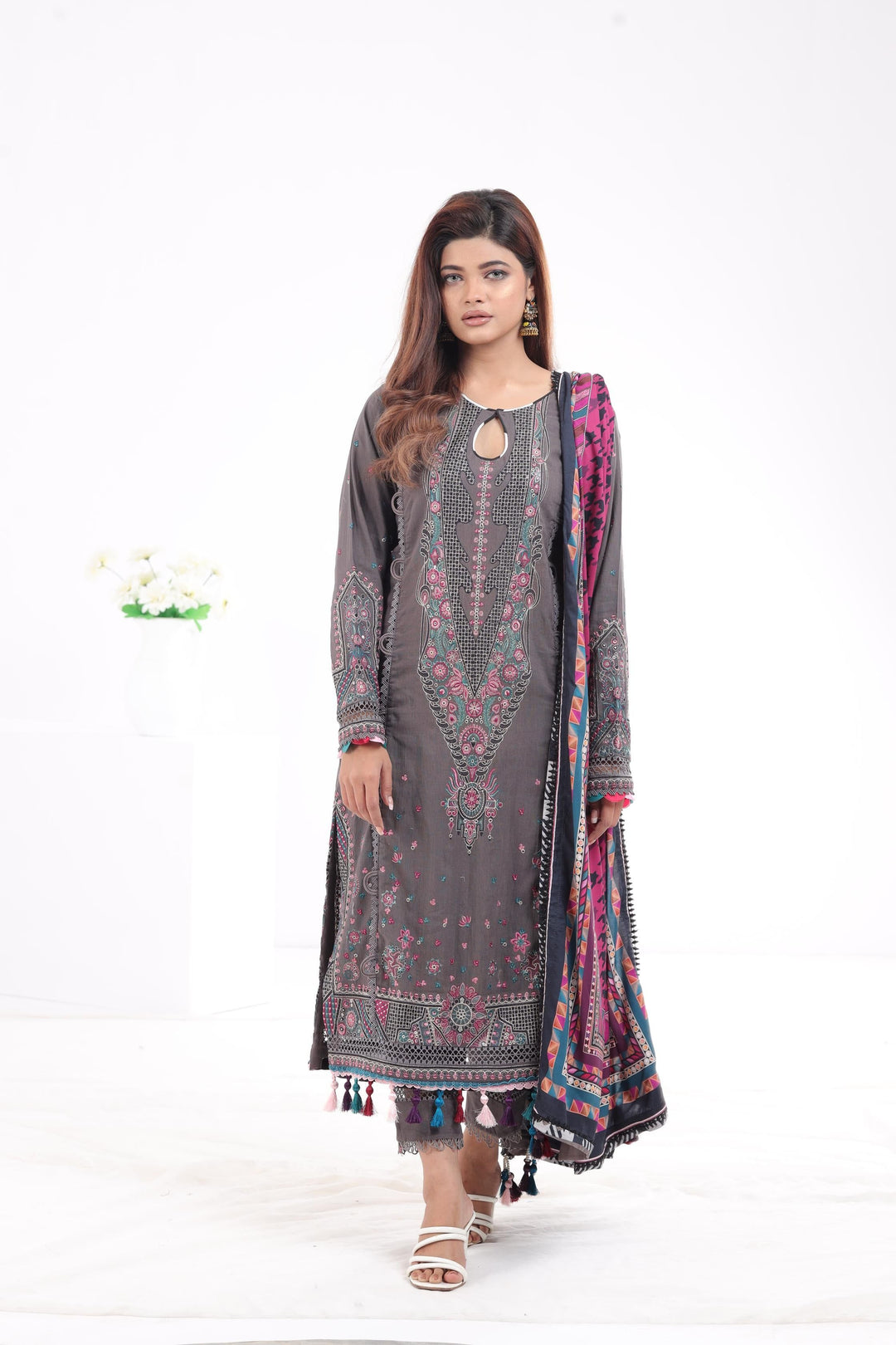 Embroidered Fine Slub Dark Grey 3 Piece Suit - Jazmin Iris