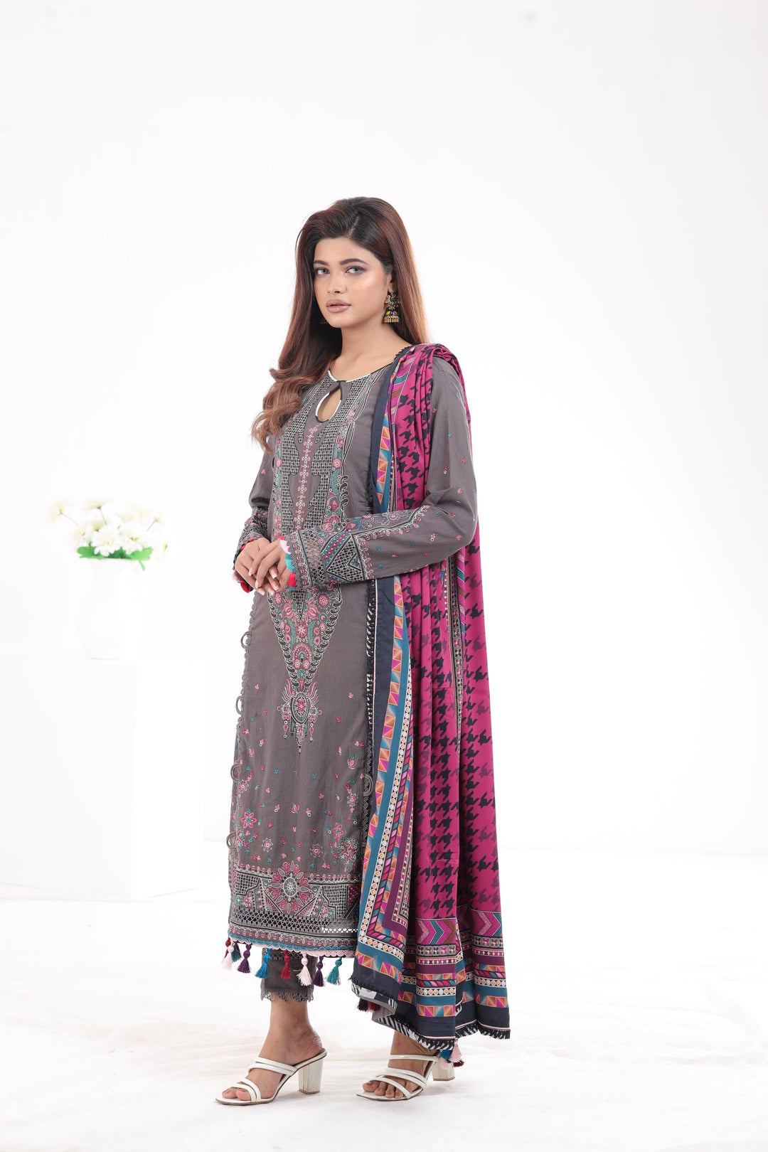 Embroidered Fine Slub Dark Grey 3 Piece Suit - Jazmin Iris