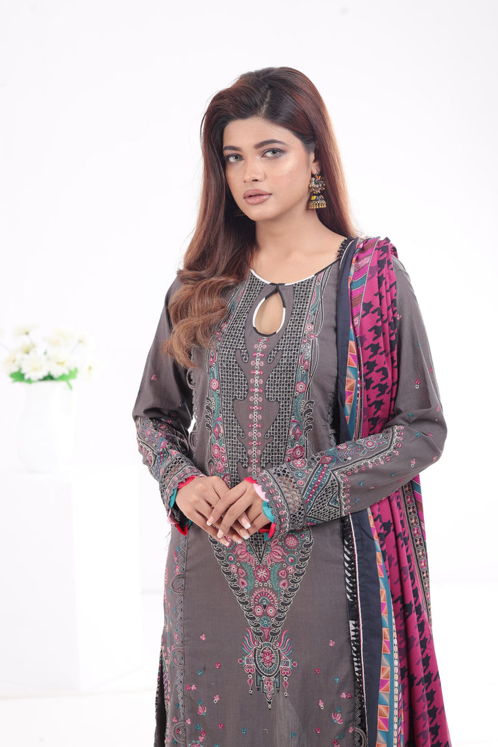 Embroidered Fine Slub Dark Grey 3 Piece Suit - Jazmin Iris