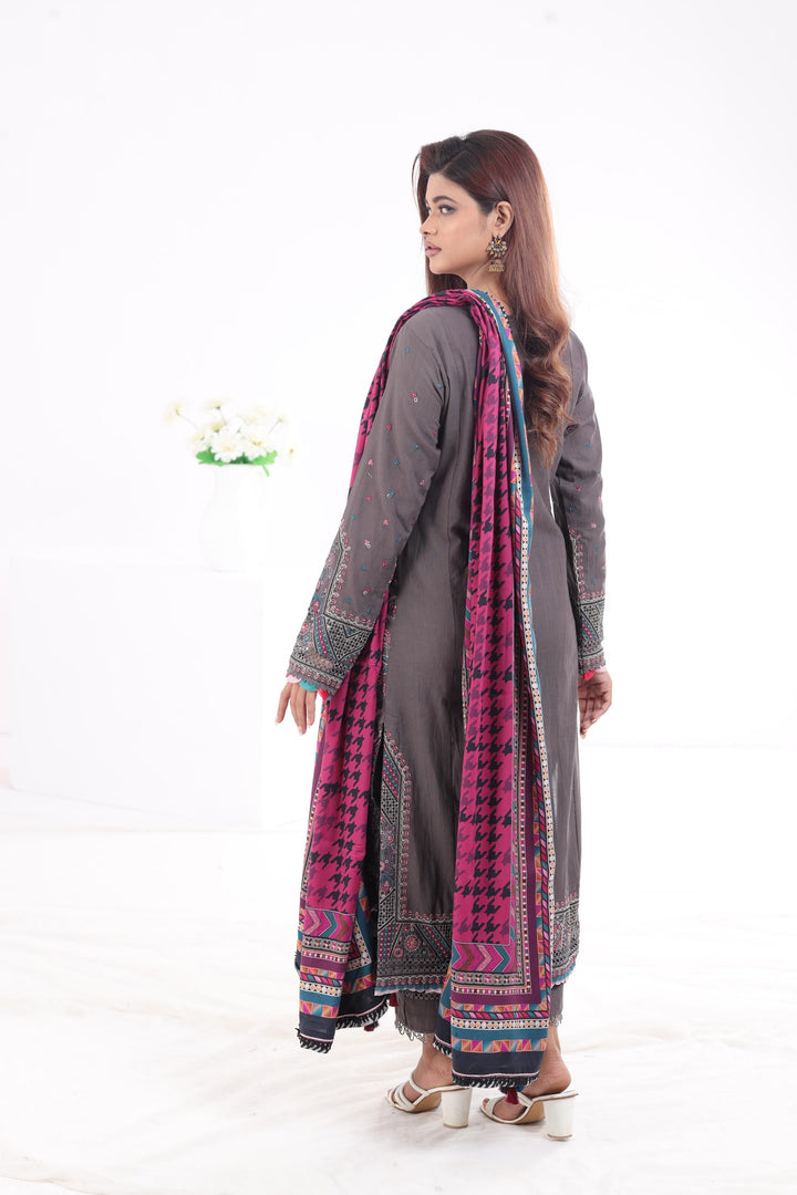 Embroidered Fine Slub Dark Grey 3 Piece Suit - Jazmin Iris