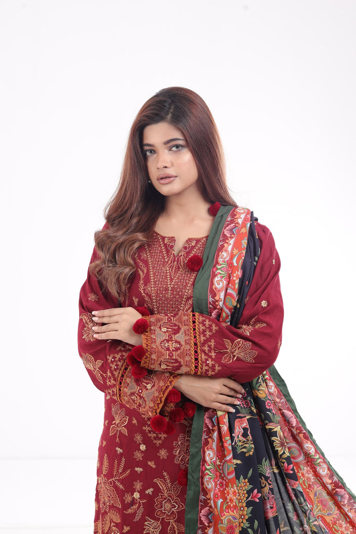 Embroidered Fine Slub Maroon 3 Piece Suit - Jazmin Iris
