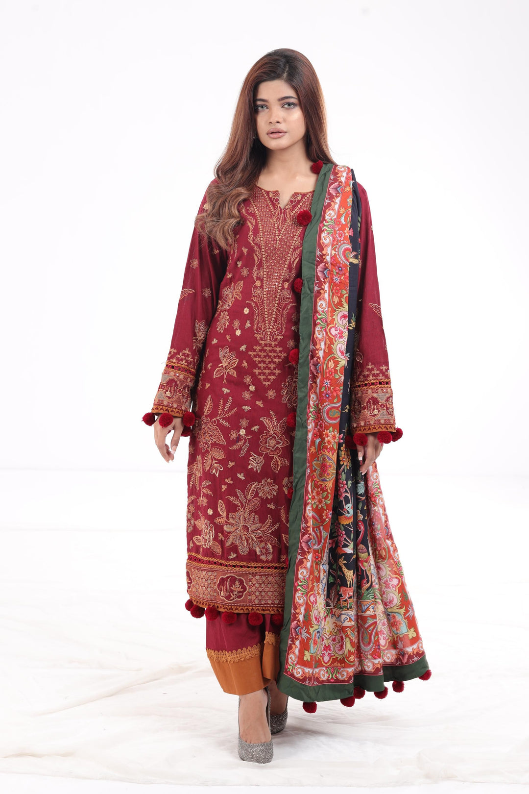 Embroidered Fine Slub Maroon 3 Piece Suit - Jazmin Iris