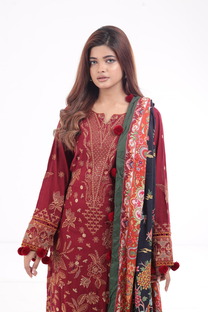 Embroidered Fine Slub Maroon 3 Piece Suit - Jazmin Iris