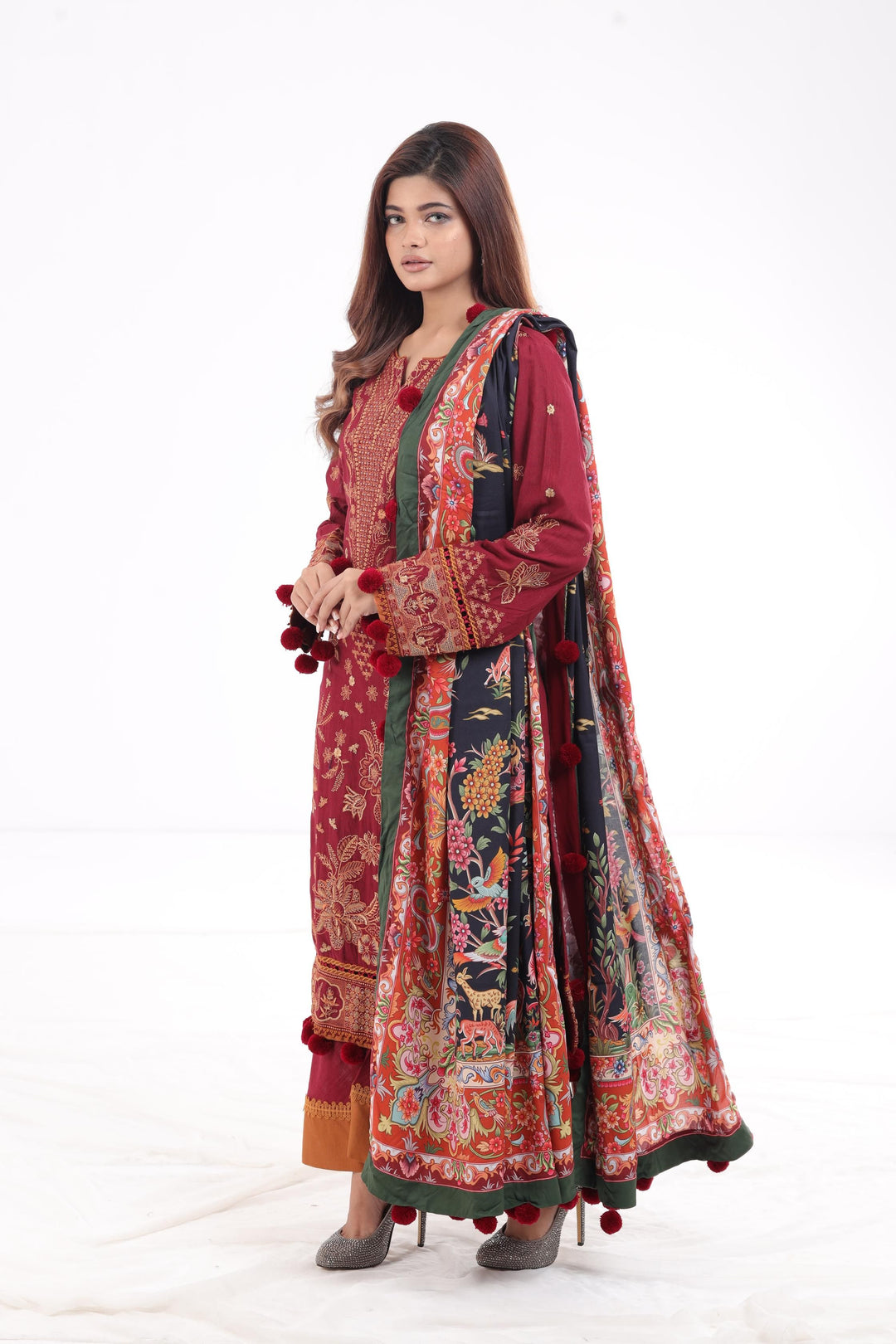 Embroidered Fine Slub Maroon 3 Piece Suit - Jazmin Iris