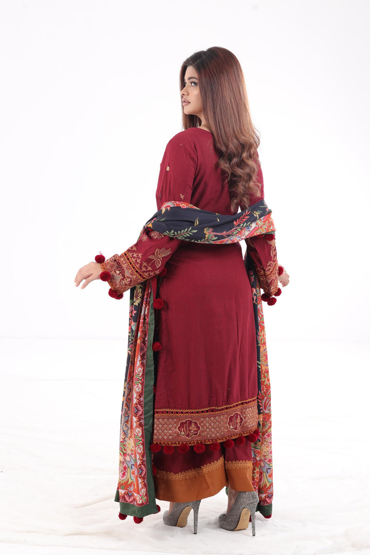 Embroidered Fine Slub Maroon 3 Piece Suit - Jazmin Iris