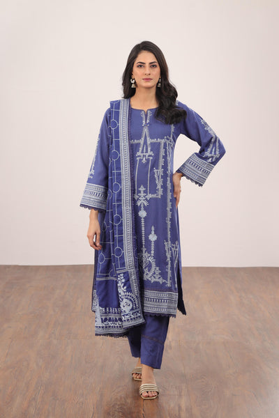 Embroidered Dhanak Blue 3 Piece Suit - Gul Ahmed