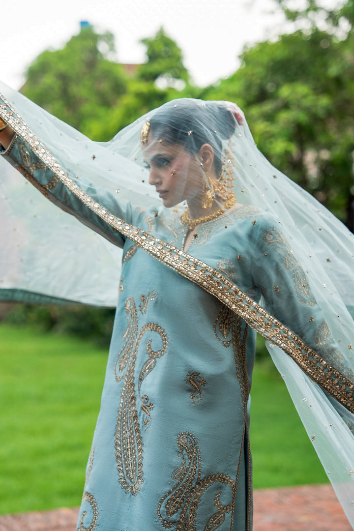 Embroidered Raw Silk Sky Blue Stitched Suit - Charizma