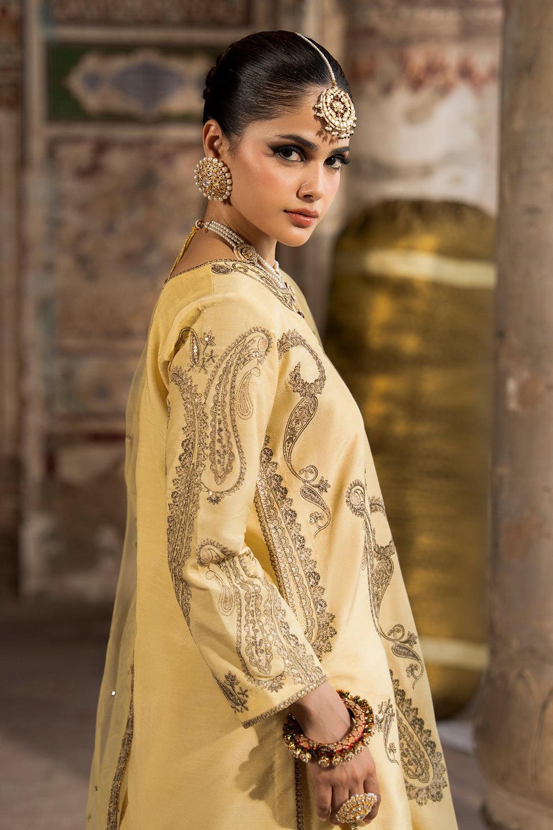Embroidered Raw Silk Yellow Stitched Suit - Charizma