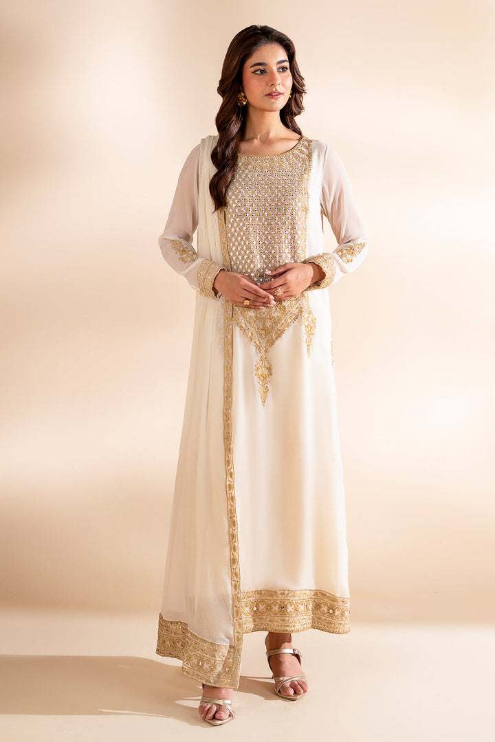 Embroidered Off White Stitched Suit - Charizma