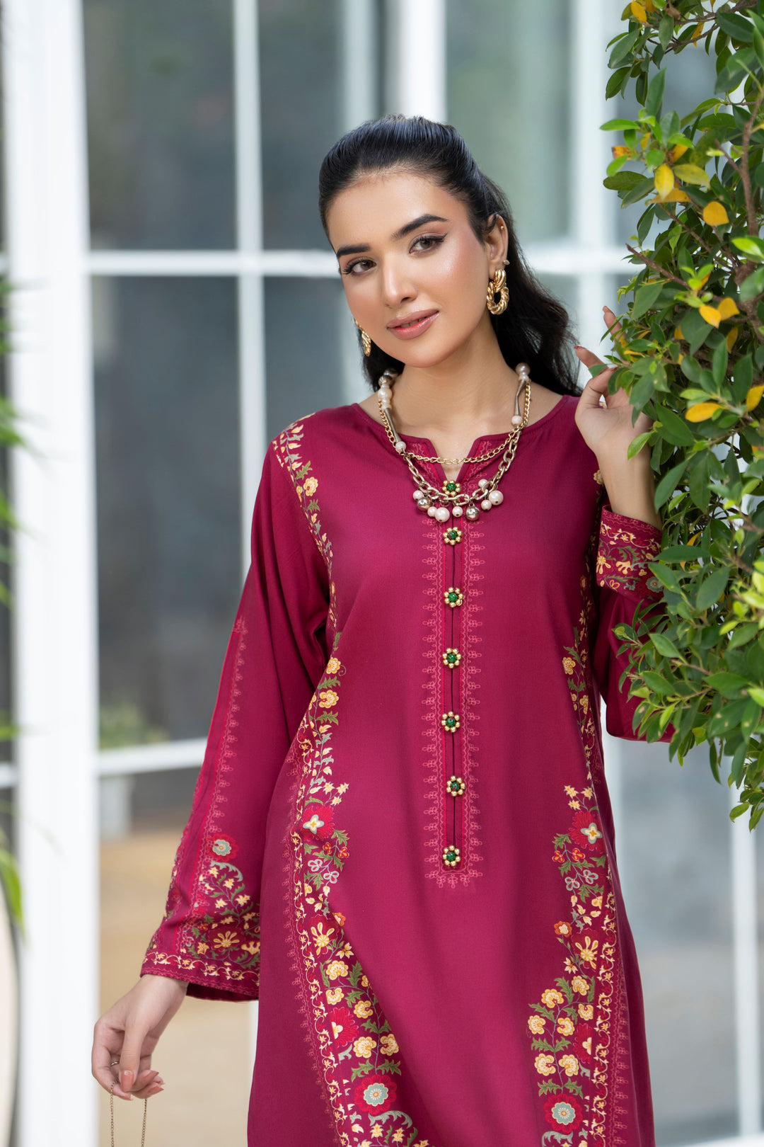 Slub Pashmina Maroon Stitched Suit - Raqsam