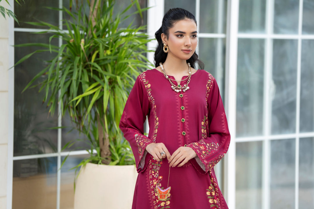 Slub Pashmina Maroon Stitched Suit - Raqsam