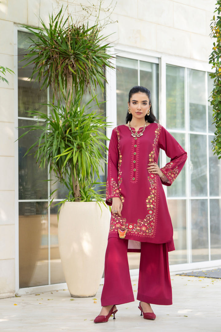 Slub Pashmina Maroon Stitched Suit - Raqsam