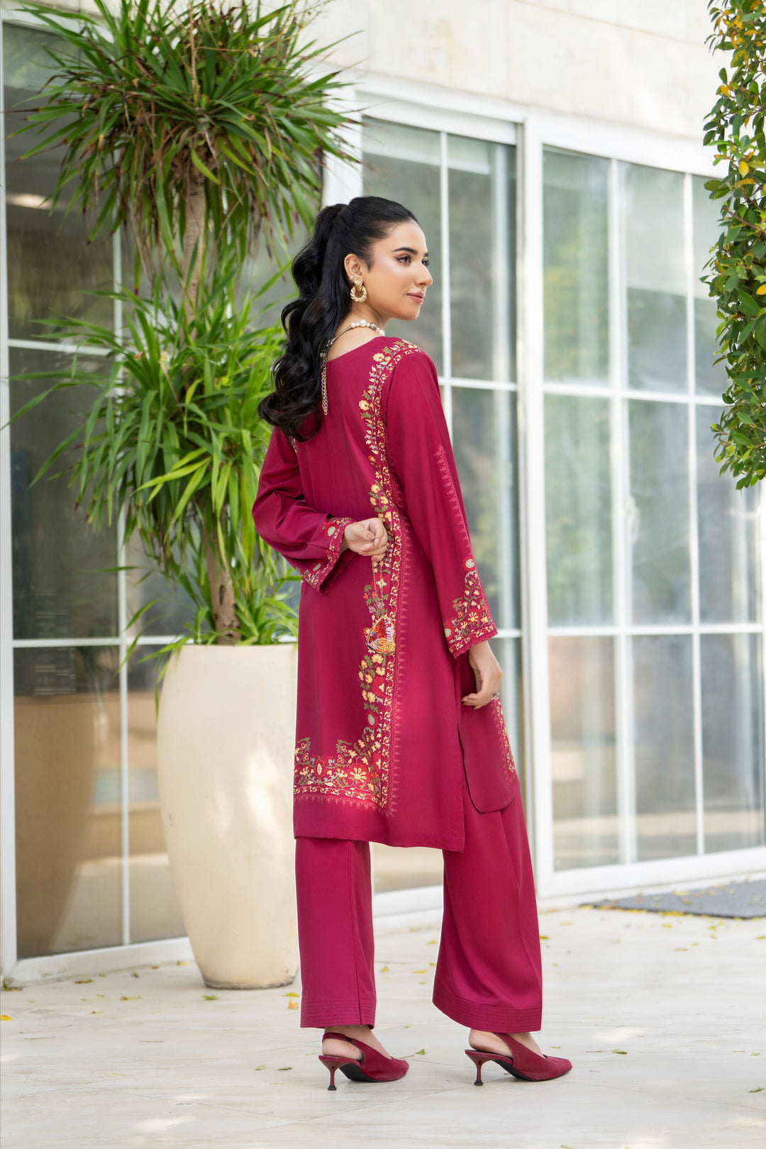Slub Pashmina Maroon Stitched Suit - Raqsam