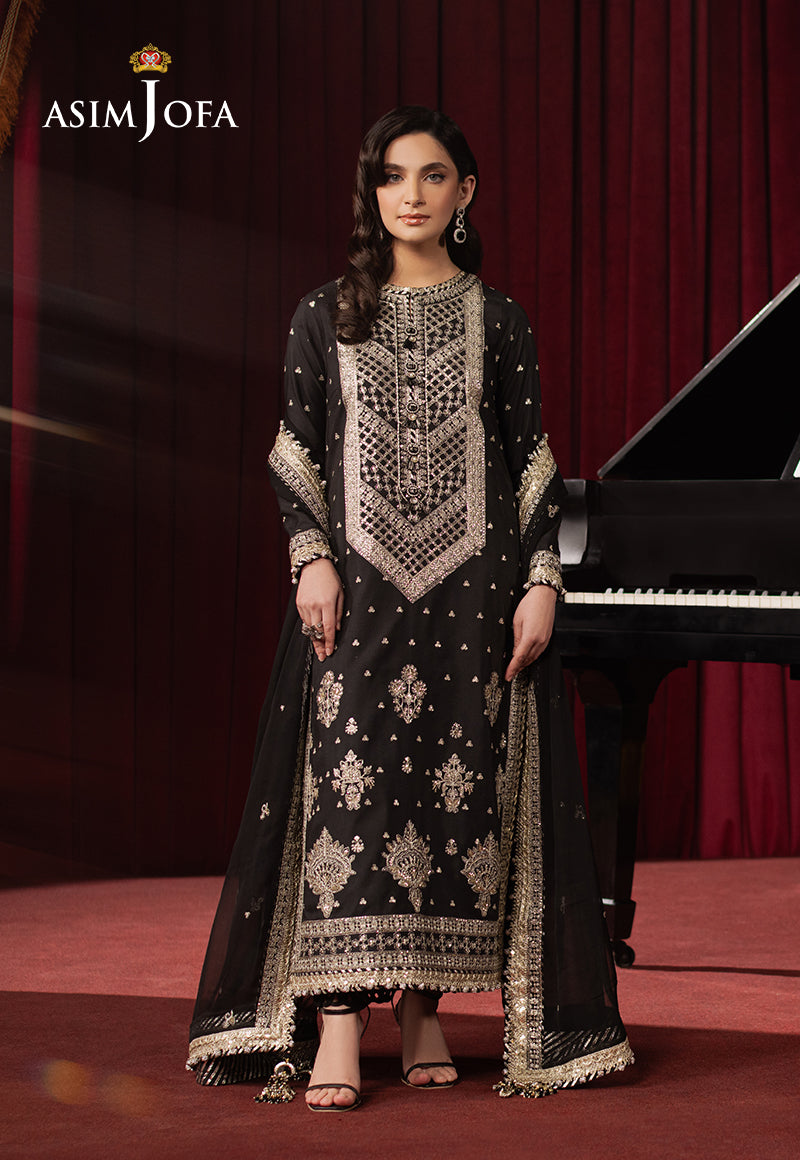 Silk Black Stitched Suit - Asim Jofa