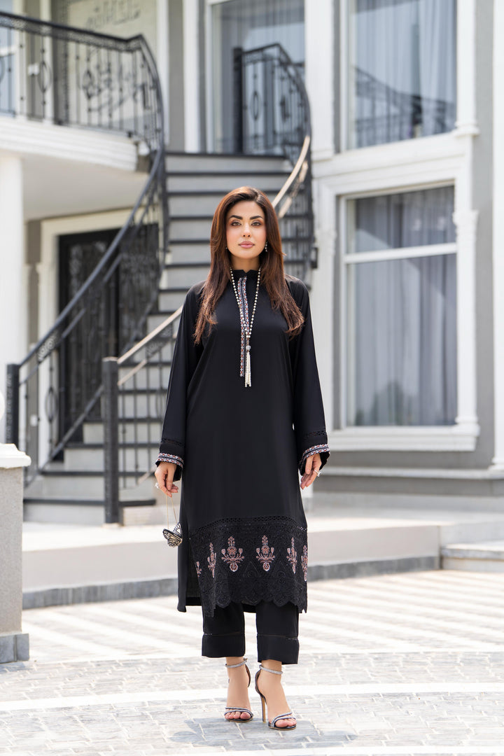 Embroidered Linen Black Stitched Suit - Raqsam