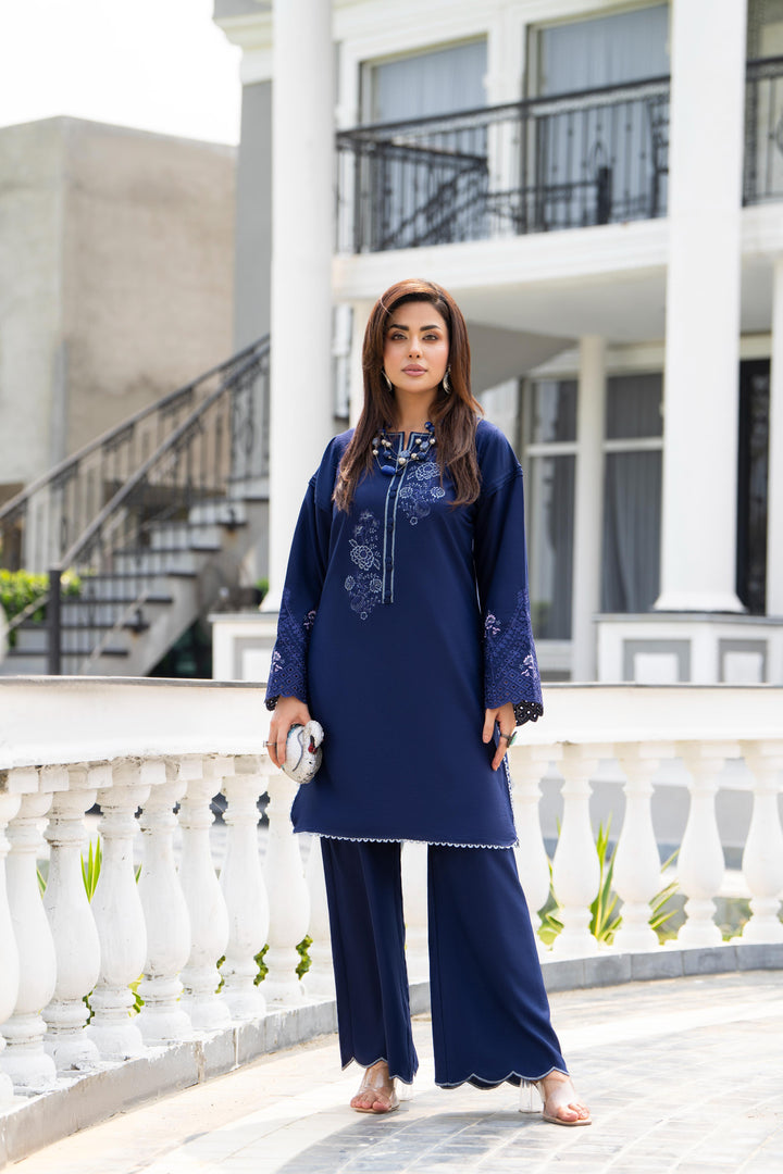 Embroidered Linen Blue Stitched Suit - Raqsam